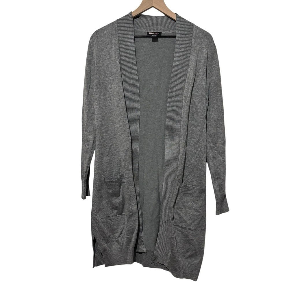 By Design Gray Open Front Long Length Sweater Cardigan Duster Pockets Medium
